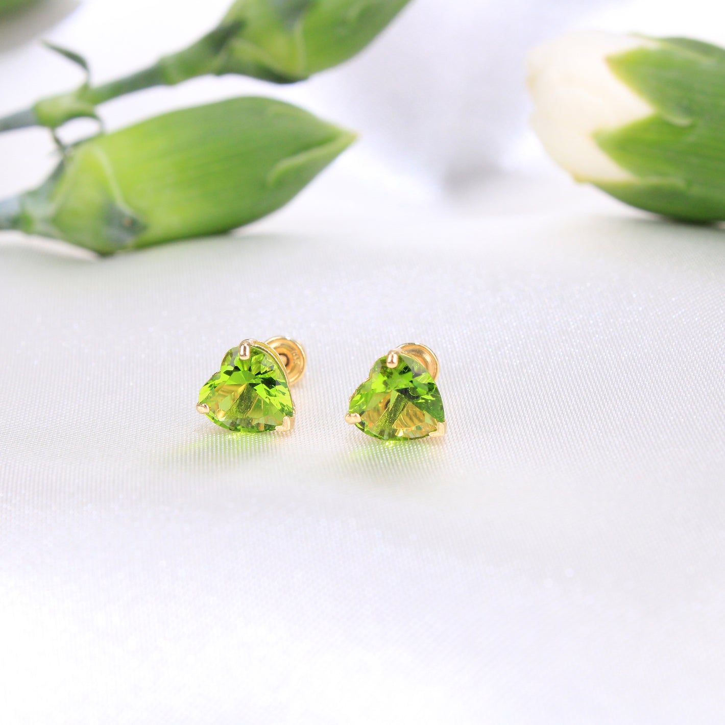 14K Yellow Gold Green CZ Heart Earrings