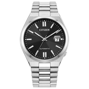 Citizen Tsuyosa NJ0150-56E men’s watch featuring a 40mm stainless steel case, black dial with silver-tone markers, and a sleek bracelet—front view.