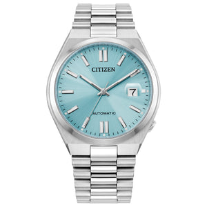Citizen NJ0151-53M men's stainless steel watch with a sky-blue sunray dial, silver-tone hands, and date display at 3 o'clock—front view.