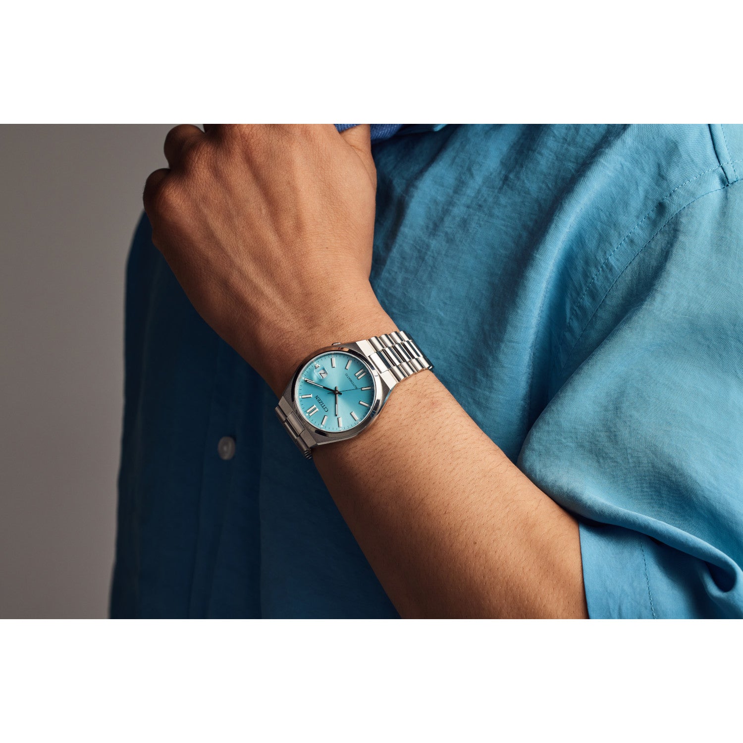  Model wearing Citizen NJ0151-53M, demonstrating its elegant presence and comfortable fit on the wrist.