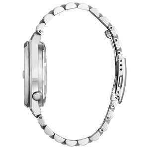 Side profile of Citizen NJ0151-53M showcasing the sleek stainless steel case and integrated bracelet design.