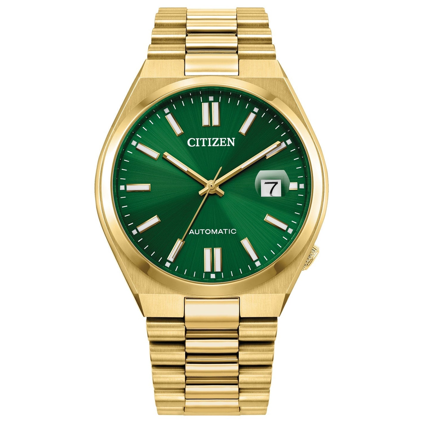 Citizen Tsuyosa Automatic Men's Watch NJ0152-51X with a 40mm gold-tone stainless steel case, green dial featuring gold-tone hands and index hour markers, and matching bracelet—front view.​