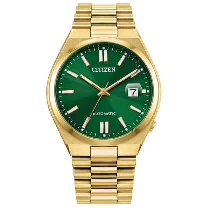 Citizen Tsuyosa Automatic Men's Watch NJ0152-51X with a 40mm gold-tone stainless steel case, green dial featuring gold-tone hands and index hour markers, and matching bracelet—front view.​