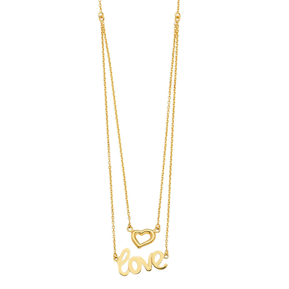 14K Yellow Gold 2Lines Chain Necklace w/Heart Love 18in