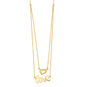 14K Yellow Gold 2Lines Chain Necklace w/Heart Love 18in