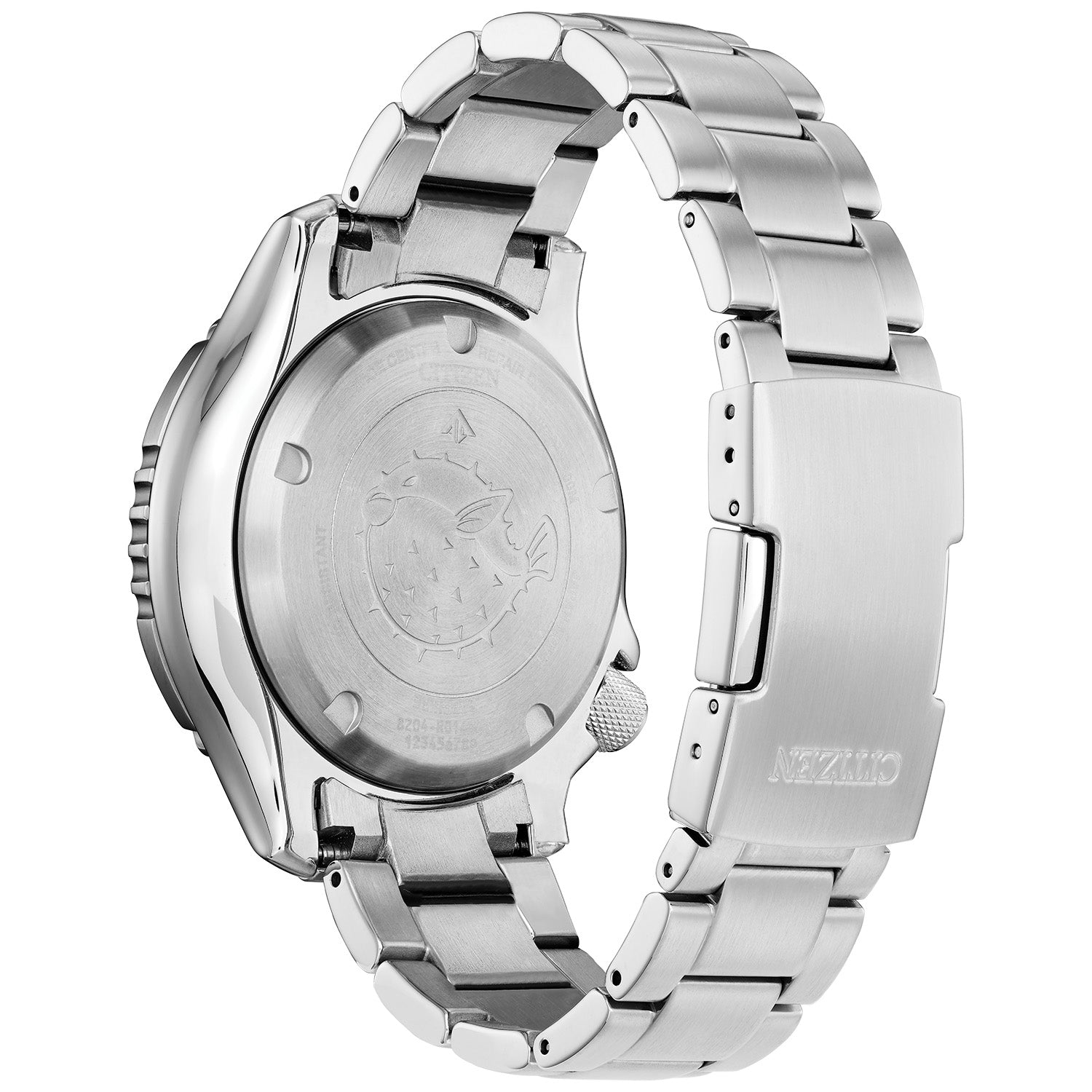 Rear view of the Citizen Promaster NY0150-51A highlighting the engraved fugu (pufferfish) case back.