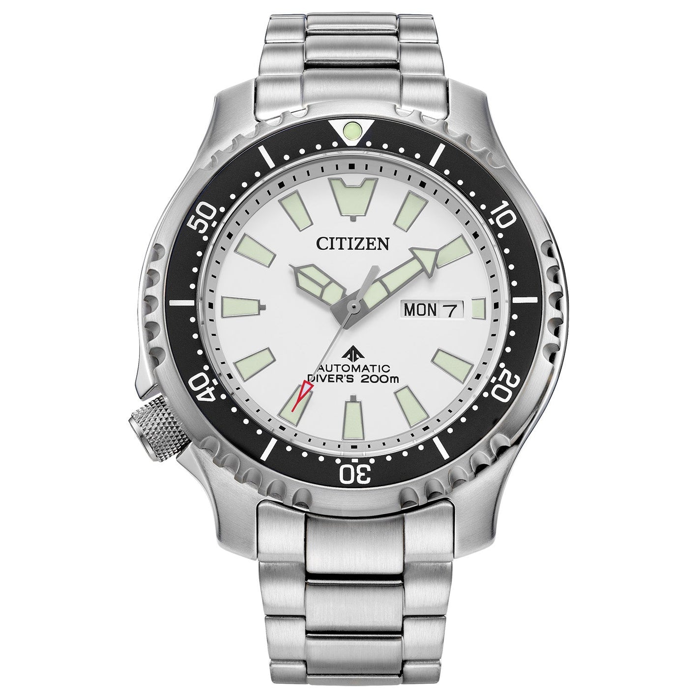Citizen Promaster Dive Automatic NY0150-51A featuring a stainless steel case and bracelet with a white dial and black bezel—front view.