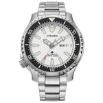 Citizen Promaster Dive Automatic NY0150-51A featuring a stainless steel case and bracelet with a white dial and black bezel—front view.