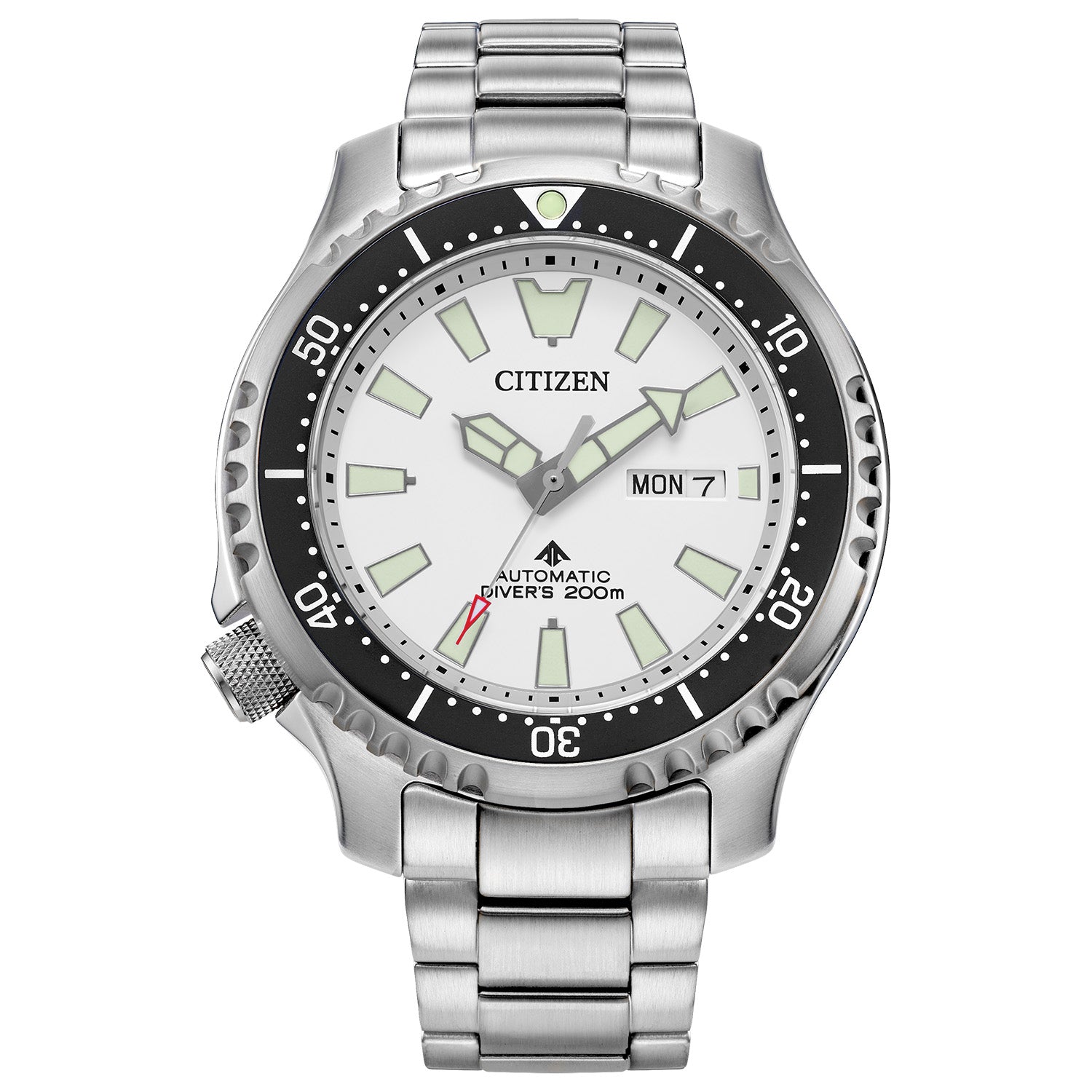 Citizen Promaster Dive Automatic NY0150-51A featuring a stainless steel case and bracelet with a white dial and black bezel—front view.