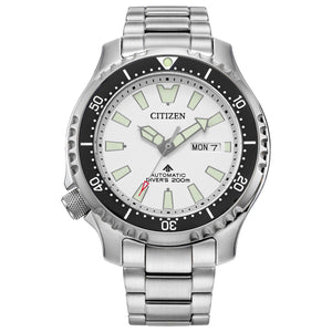 Citizen Promaster Dive Automatic NY0150-51A featuring a stainless steel case and bracelet with a white dial and black bezel—front view.