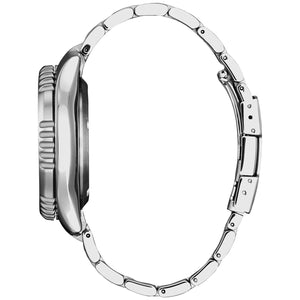 Side profile of the Citizen NY0150-51A showcasing the screw-down crown and case thickness.
