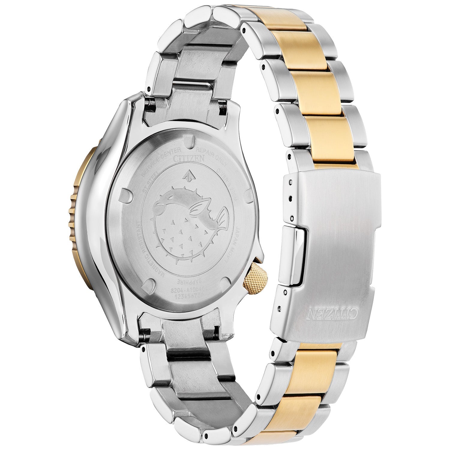 Rear view of the Citizen Promaster NY0154-51L highlighting the engraved fugu (pufferfish) case back.