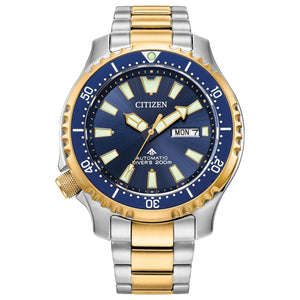 Citizen Promaster Dive Automatic NY0154-51L featuring a two-tone stainless steel case and bracelet with a blue dial and gold-tone bezel—front view.