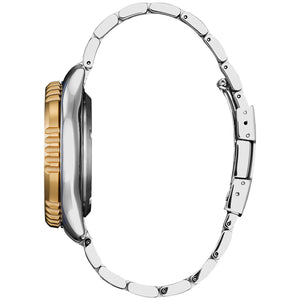 Side profile of the Citizen NY0154-51L showcasing the screw-down crown and case thickness.