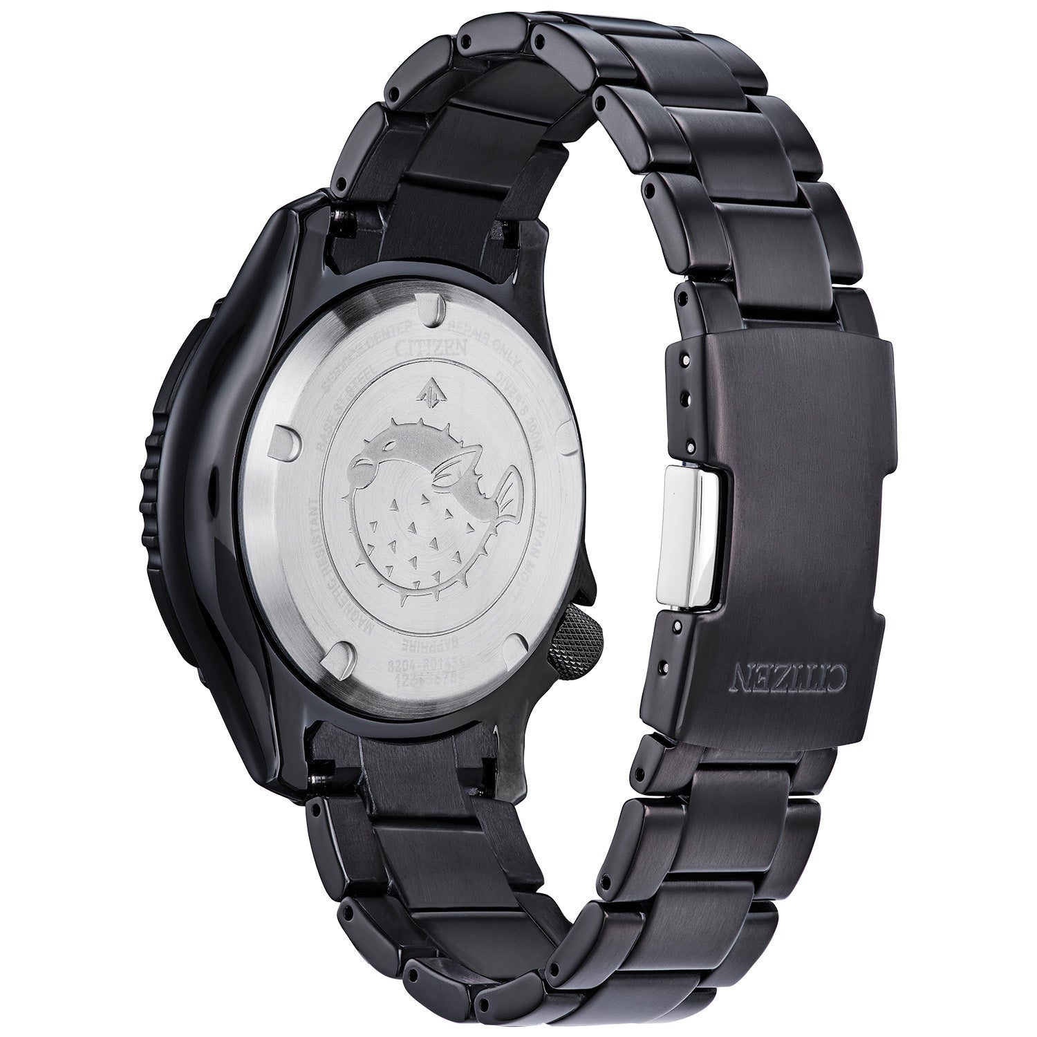 Rear view of the Citizen Promaster NY0155-58X highlighting the engraved fugu (pufferfish) case back.