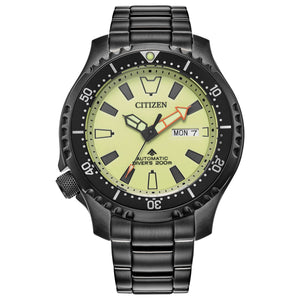 Citizen Promaster Dive Automatic NY0155-58X featuring a black ion-plated stainless steel case and bracelet with a fully luminous dial and black bezel—front view.