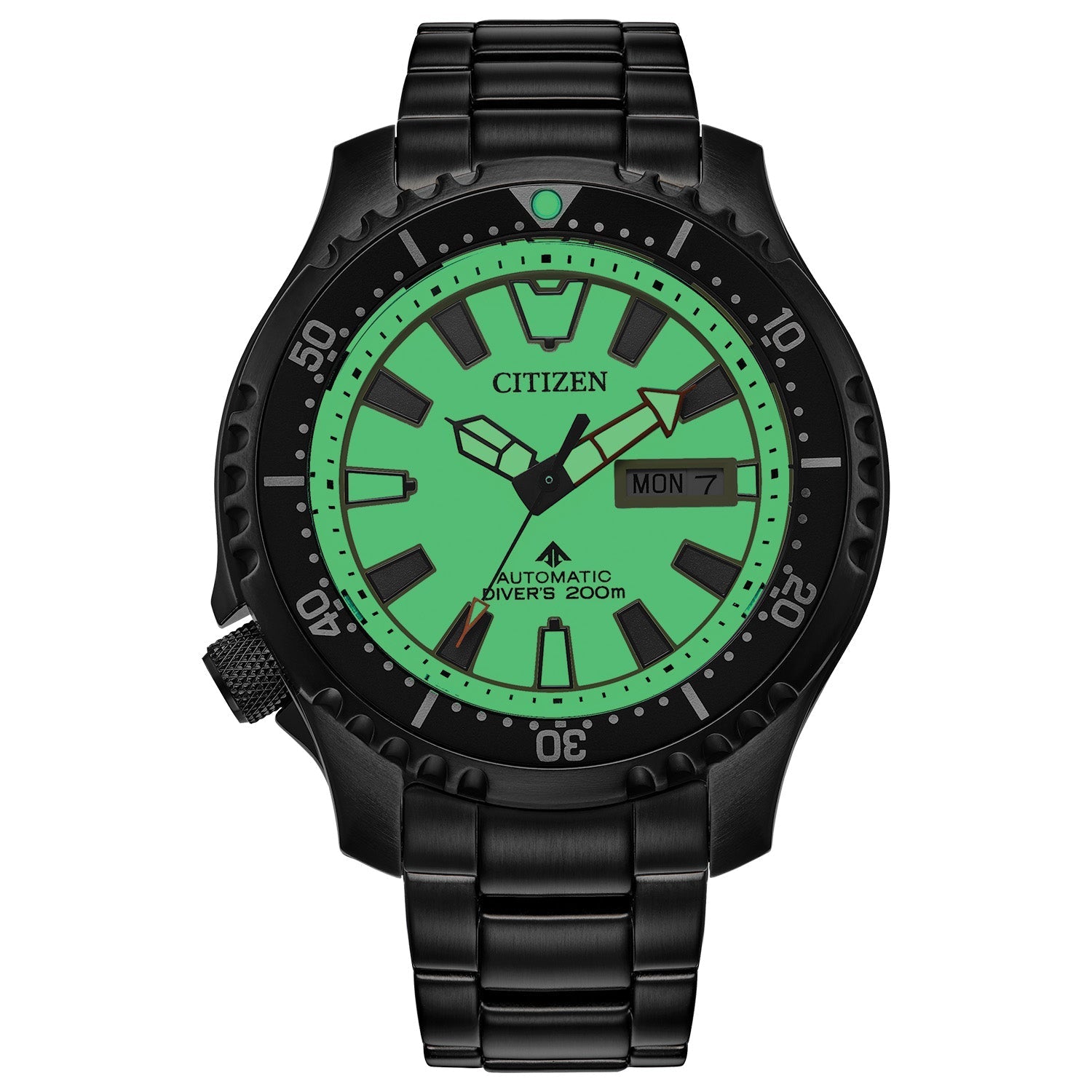 Citizen Promaster Dive Automatic NY0155-58X featuring a black ion-plated stainless steel case and bracelet with a fully luminous dial and black bezel—front view.