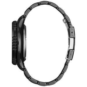 Side profile of the Citizen NY0155-58X showcasing the screw-down crown and case thickness.