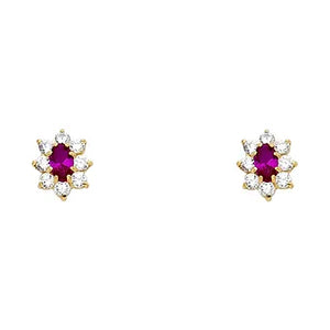 14K Yellow Gold Red CZ Stud Earrings w/Screw