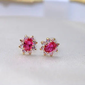 14K Yellow Gold Red CZ Stud Earrings w/Screw