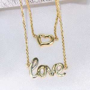 14K Yellow Gold 2Lines Chain Necklace w/Heart Love 18in