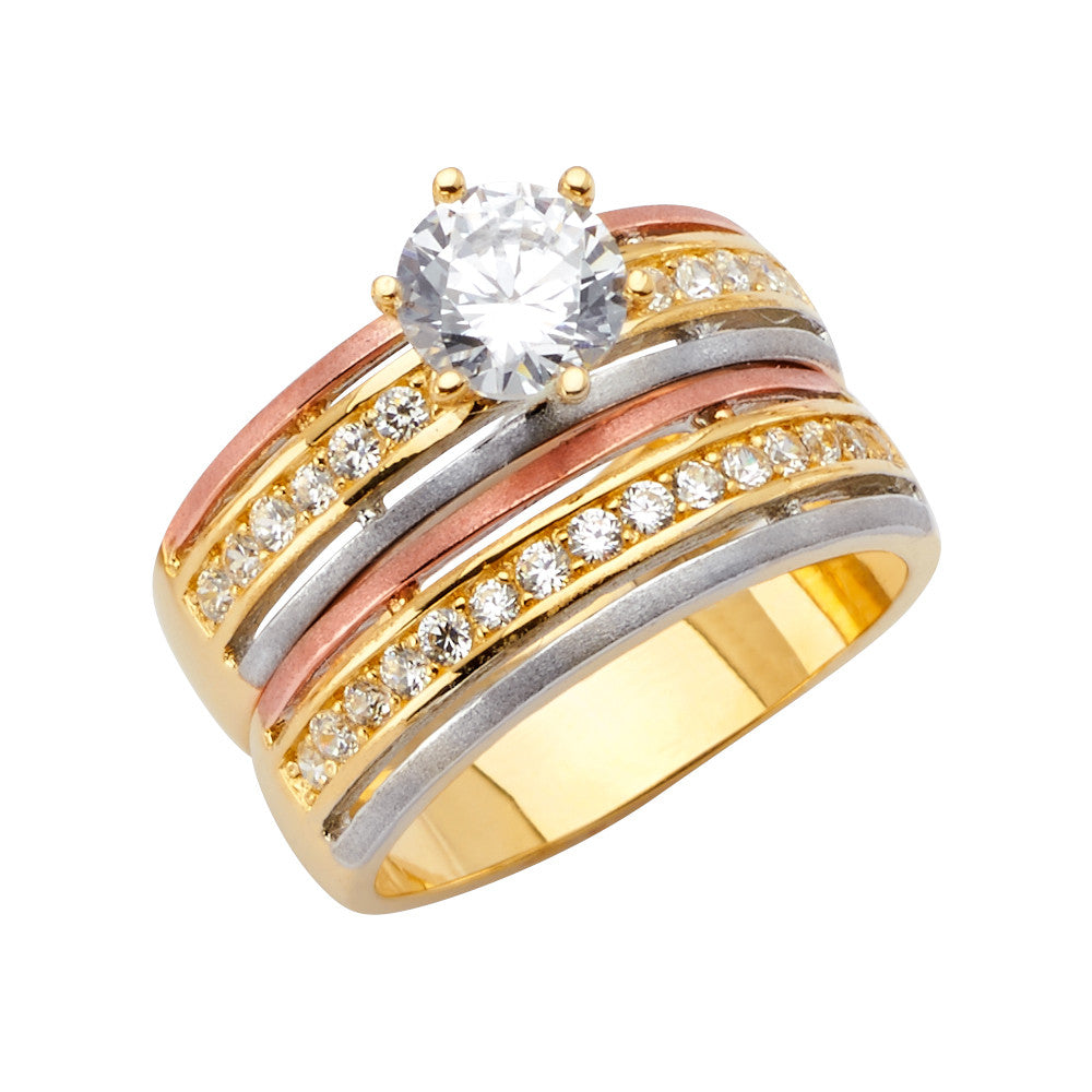 14K Yellow Gold CZ Wedding Trio Set Rings