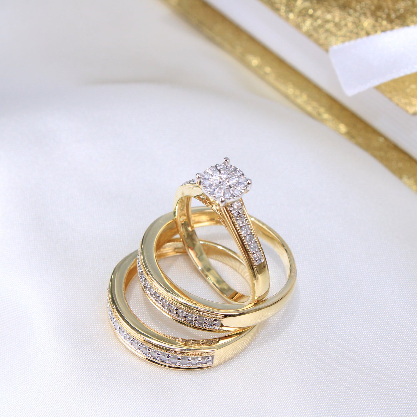 10K Yellow Gold Diamond Wedding Trio Set Rings