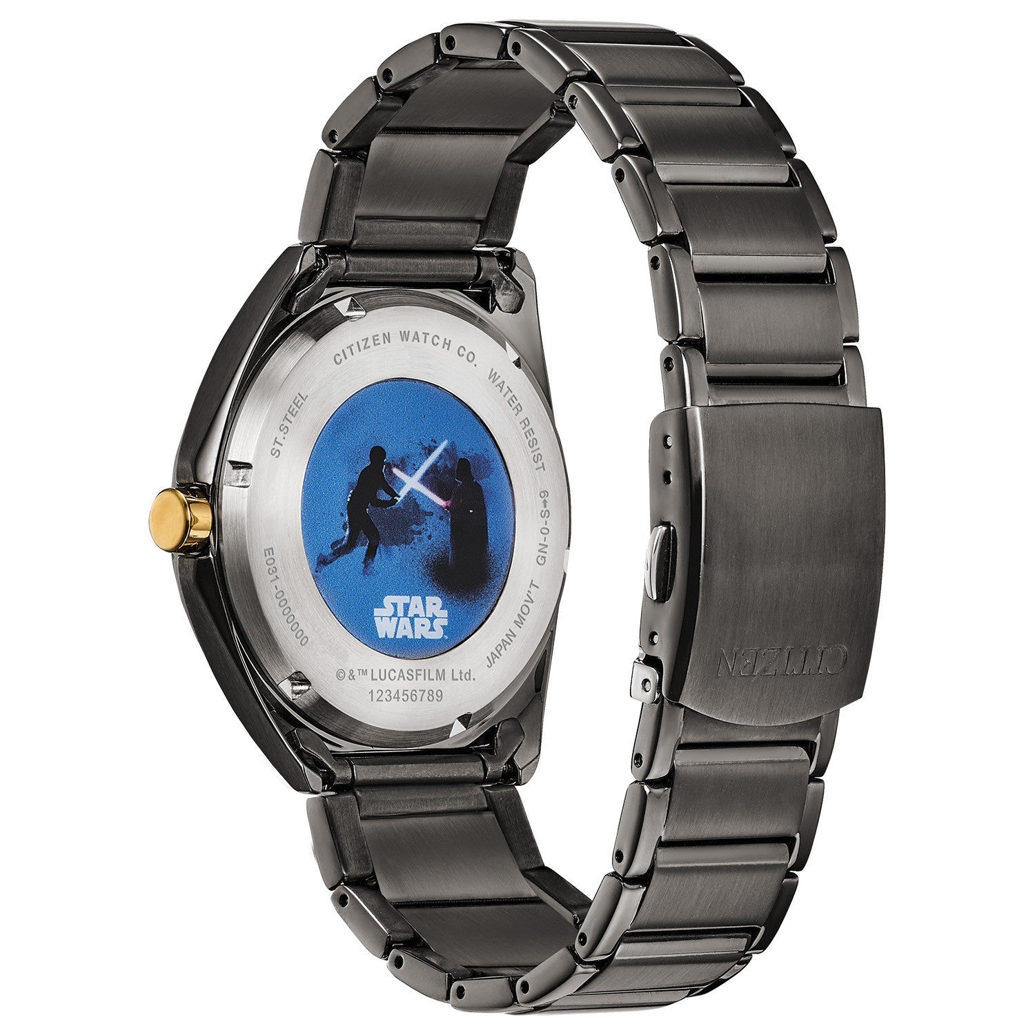 Back view of the Citizen AW1578-51W, showcasing the engraved depiction of the duel between Luke Skywalker and Darth Vader.