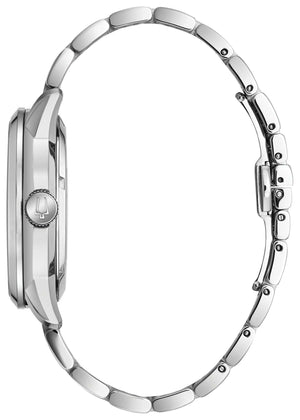 Side profile of Bulova Sutton 96A208, highlighting the stainless steel case and domed mineral crystal.