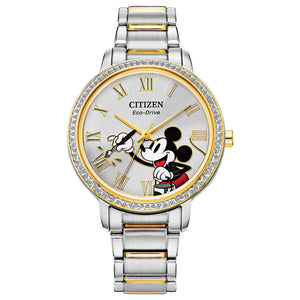 Citizen FE7044-52W watch featuring a silver sunray dial with Mickey Mouse artwork, 36mm two-tone stainless steel case, and a bracelet adorned with 78 crystals—front view.