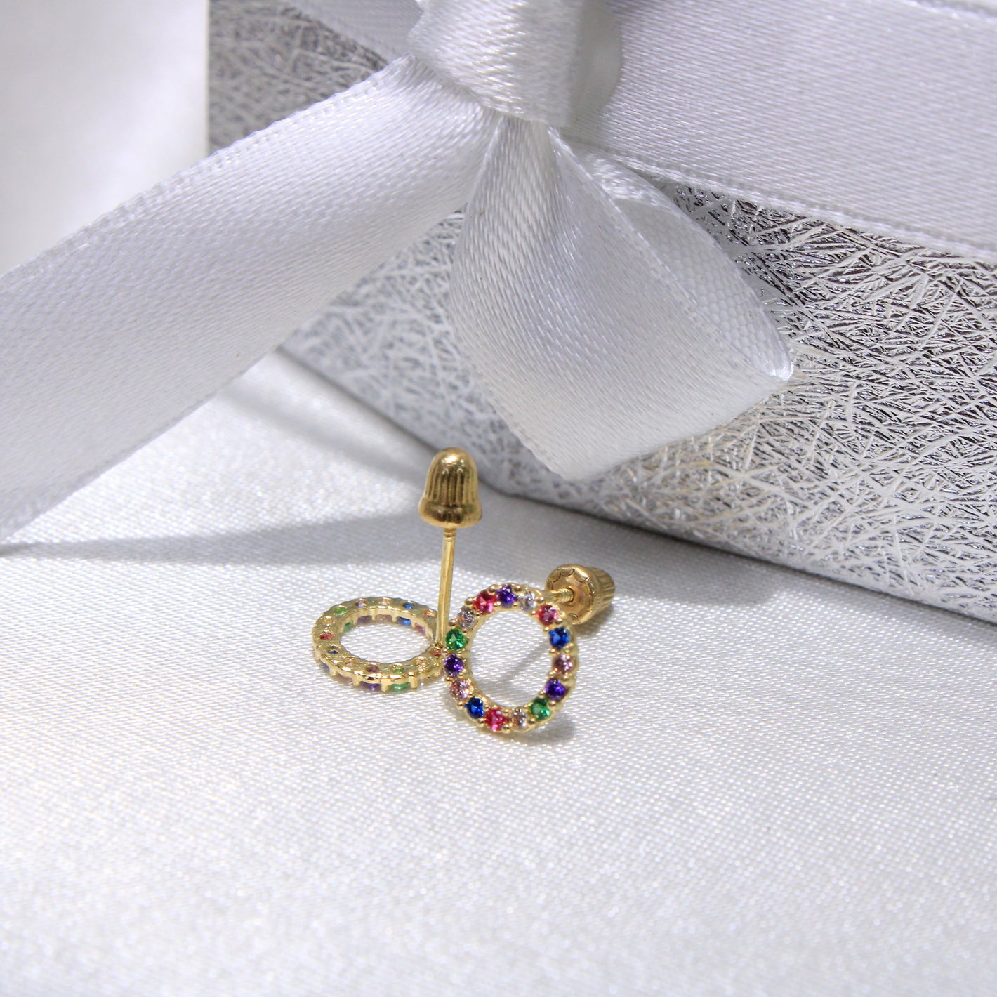 14K Yellow Gold Colorful CZ Circle Earrings