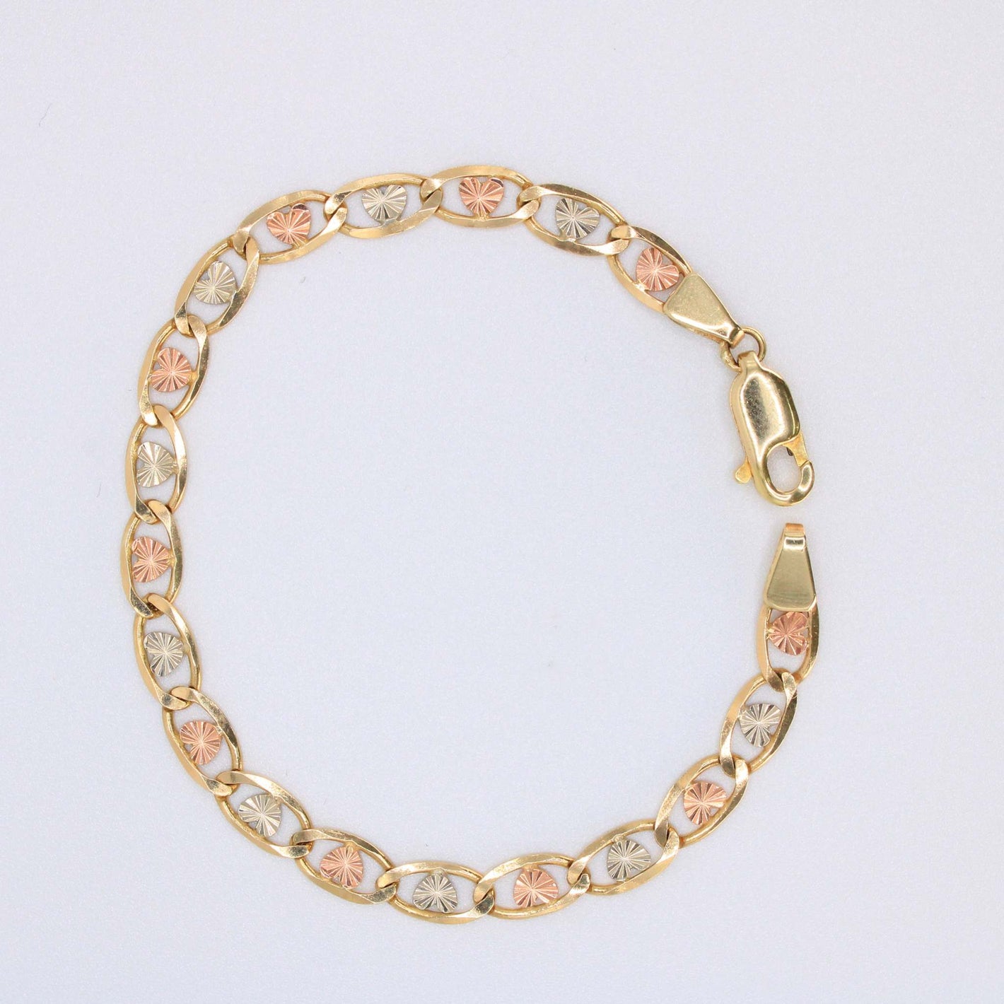 14K Tricolor Gold Heart Link Bracelet 9mm 7in