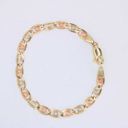 14K Tricolor Gold Heart Link Bracelet 9mm 7in