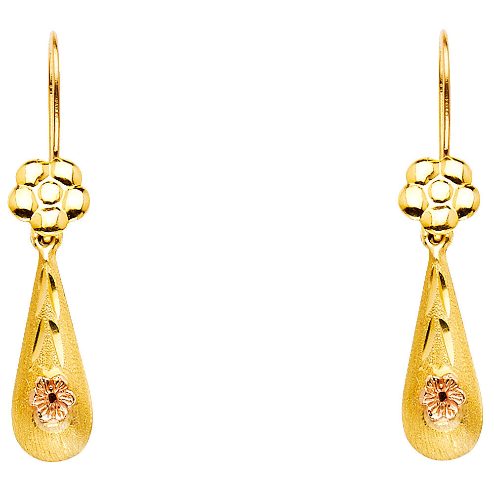 14K Yellow Gold Flower Tear Drop Earrings