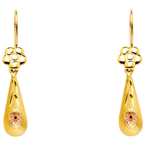 14K Yellow Gold Flower Tear Drop Earrings