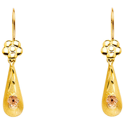 14K Yellow Gold Flower Tear Drop Earrings