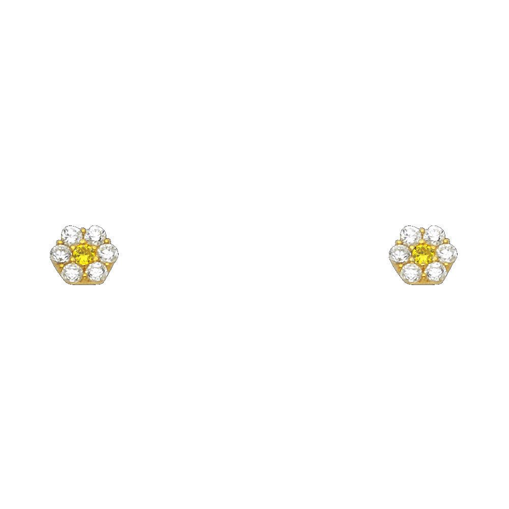 14K Yellow Gold Flower CZ Stud Earrings W/screw