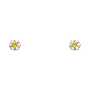 14K Yellow Gold Flower CZ Stud Earrings W/screw