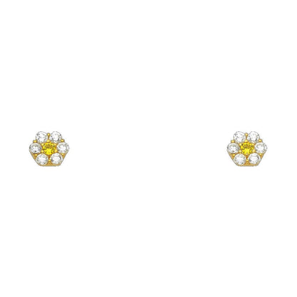 14K Yellow Gold Flower CZ Stud Earrings W/screw