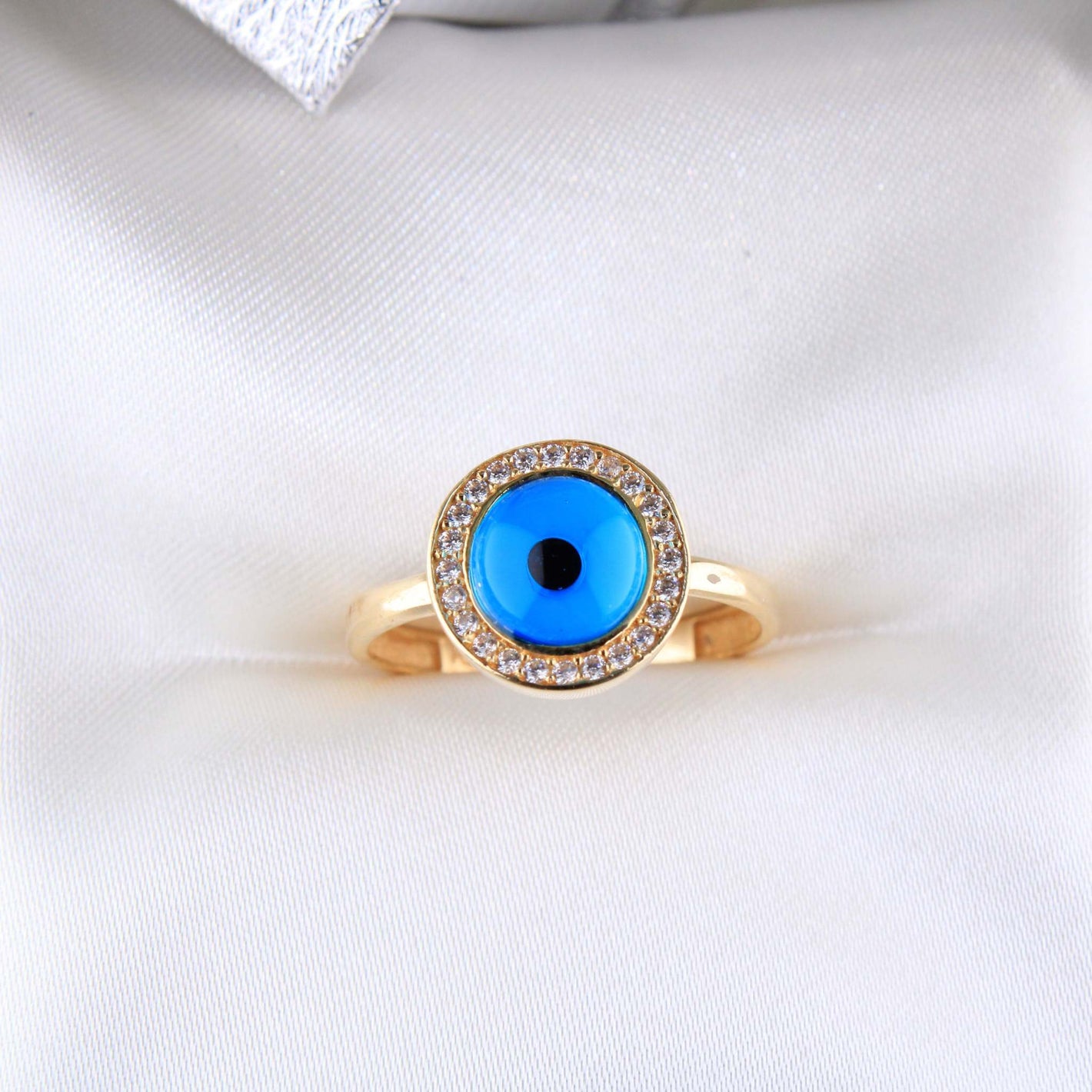 14K Yellow Gold CZ Evil Eye Ring