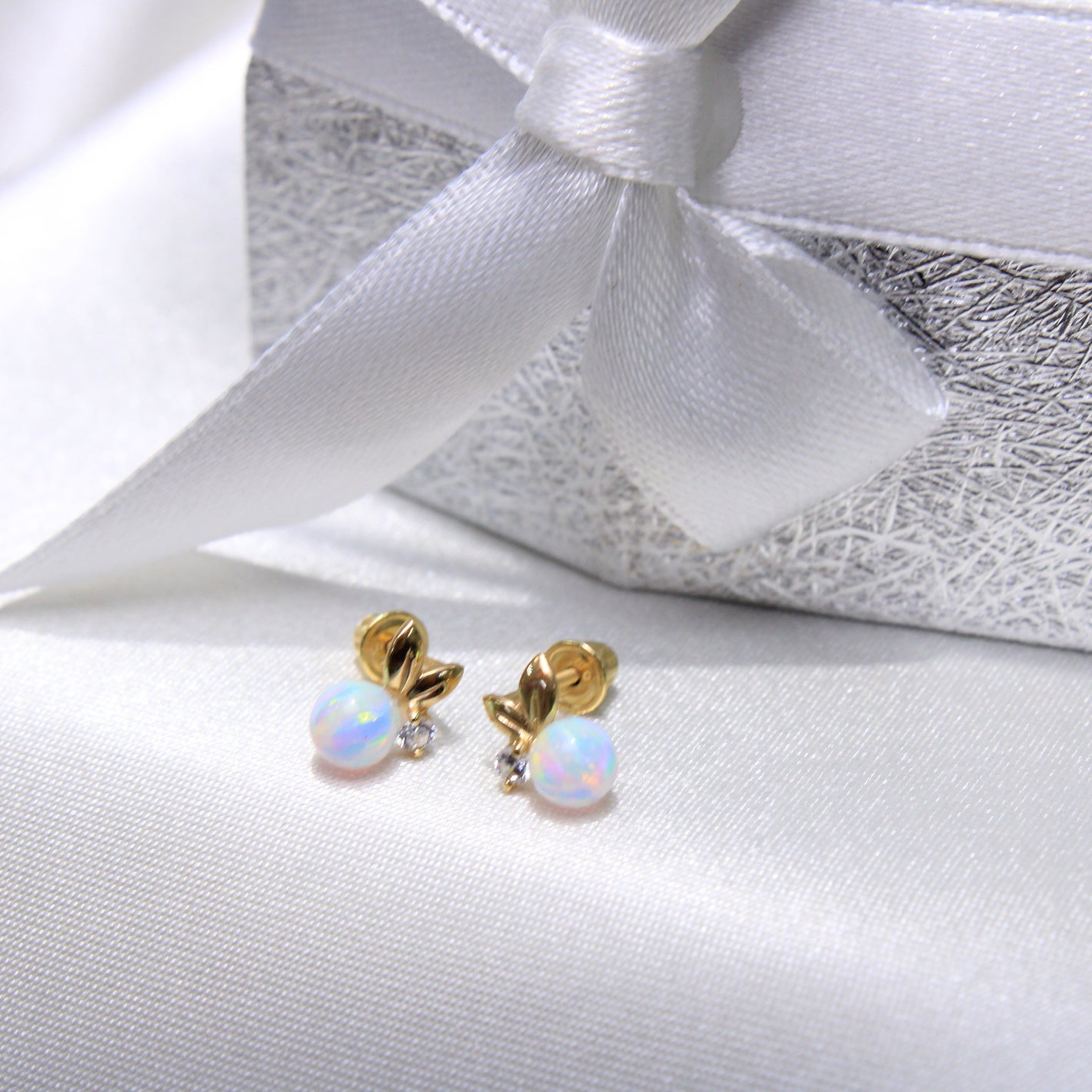 14K Yellow Gold CZ Opal Earrings