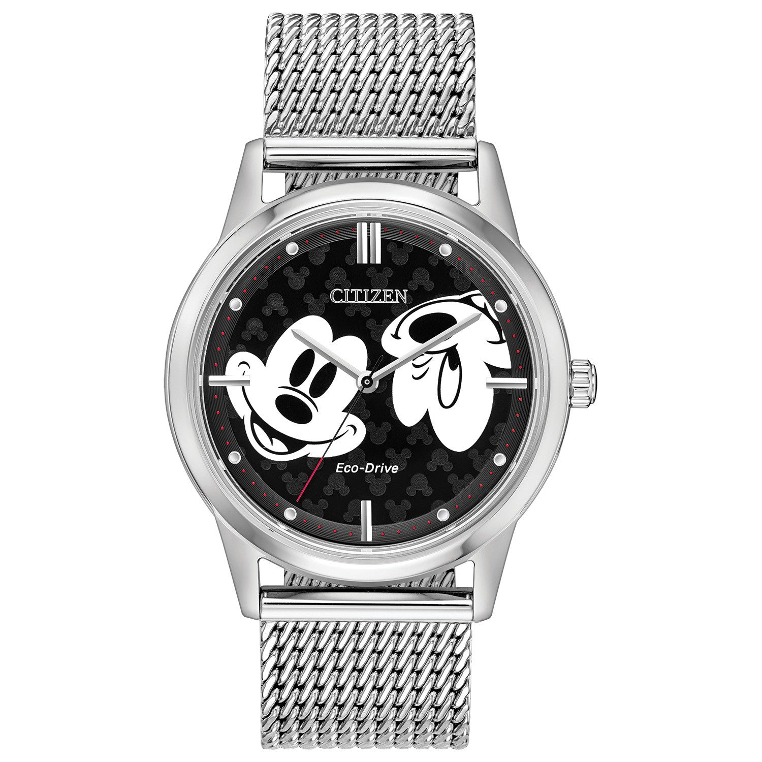 Citizen FE7060-56W watch featuring a black dial with embossed Mickey Mouse design, silver-tone stainless steel case, and mesh bracelet—front view.