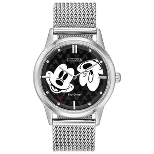 Citizen FE7060-56W watch featuring a black dial with embossed Mickey Mouse design, silver-tone stainless steel case, and mesh bracelet—front view.
