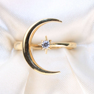 14K Yellow Gold CZ Crescent Moon And Star Ring