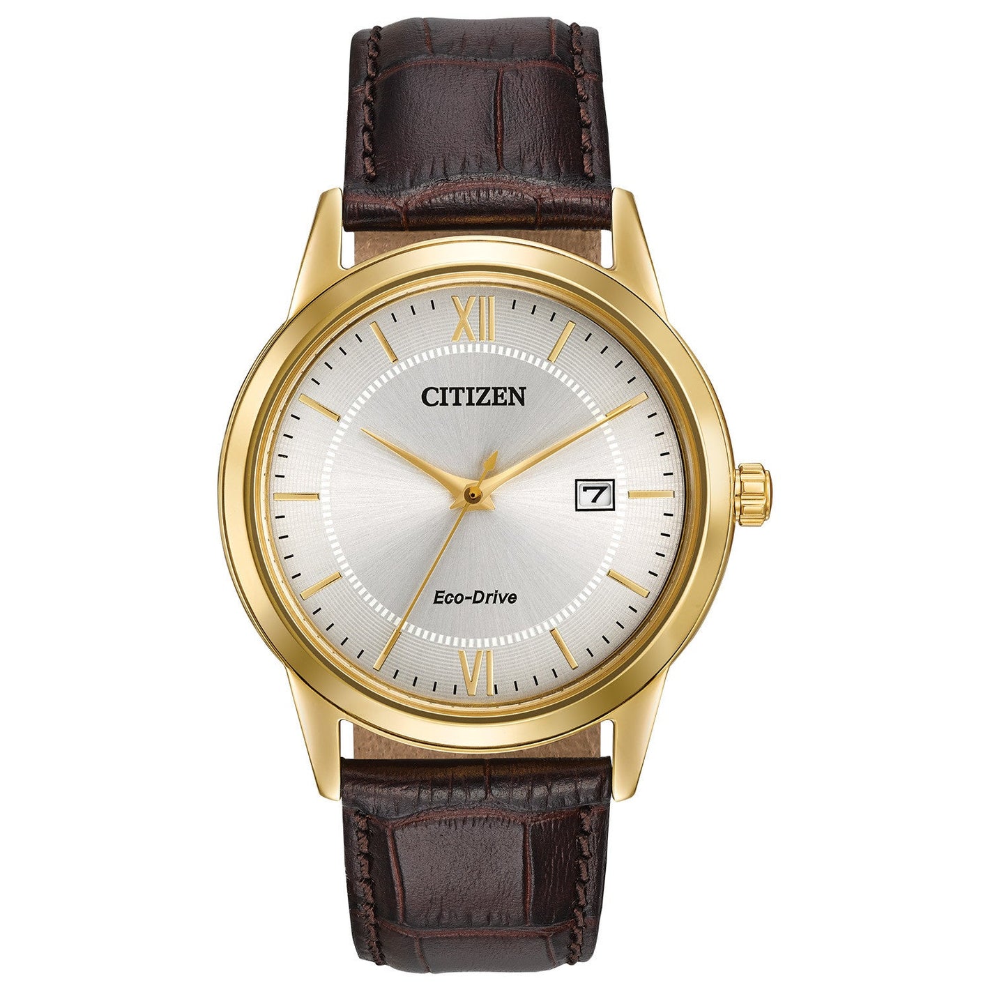 Citizen Corso AW1232-04A men's watch featuring a gold-tone stainless steel 40mm case with an ivory white dial and date display—front view.