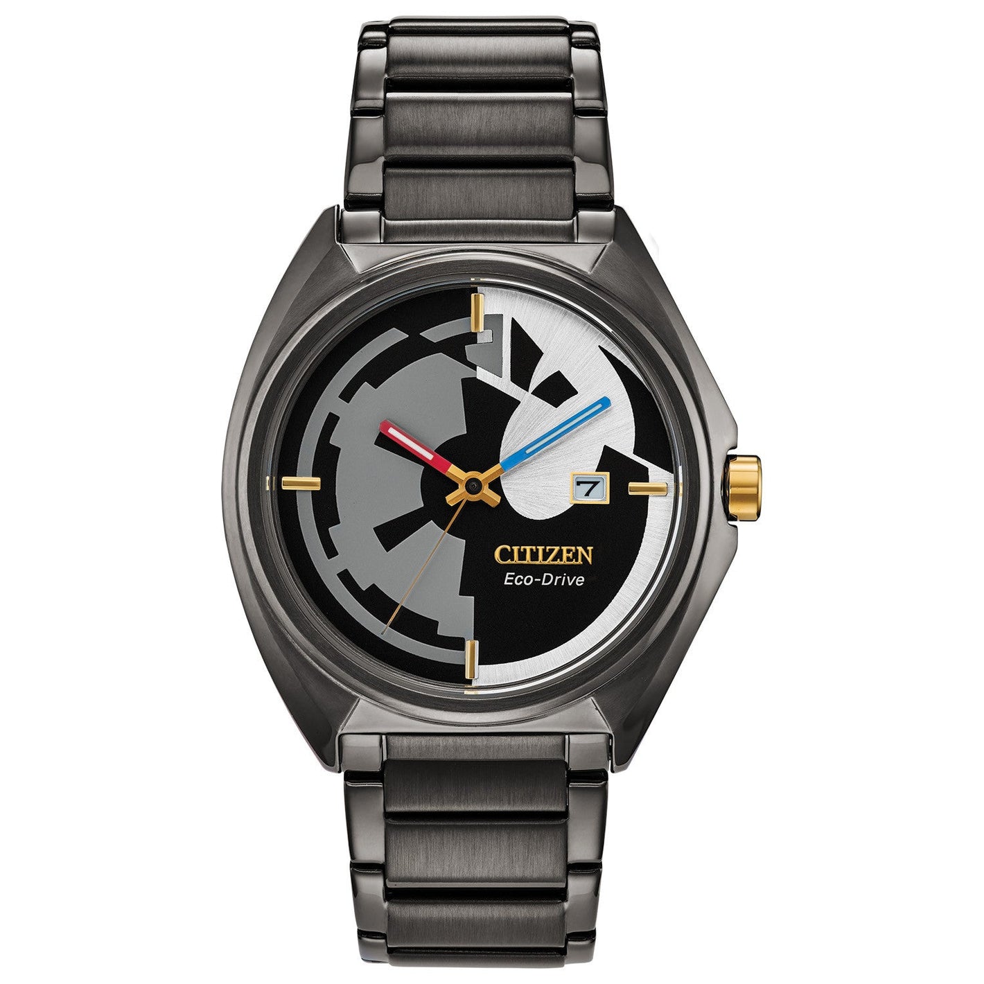 Citizen AW1578-51W Star Wars watch featuring a black dial split between the Imperial Crest and Rebel Alliance symbol, red and blue hands, and a dark gray ion-plated stainless steel bracelet—front view.​