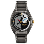 Citizen AW1578-51W Star Wars watch featuring a black dial split between the Imperial Crest and Rebel Alliance symbol, red and blue hands, and a dark gray ion-plated stainless steel bracelet—front view.​