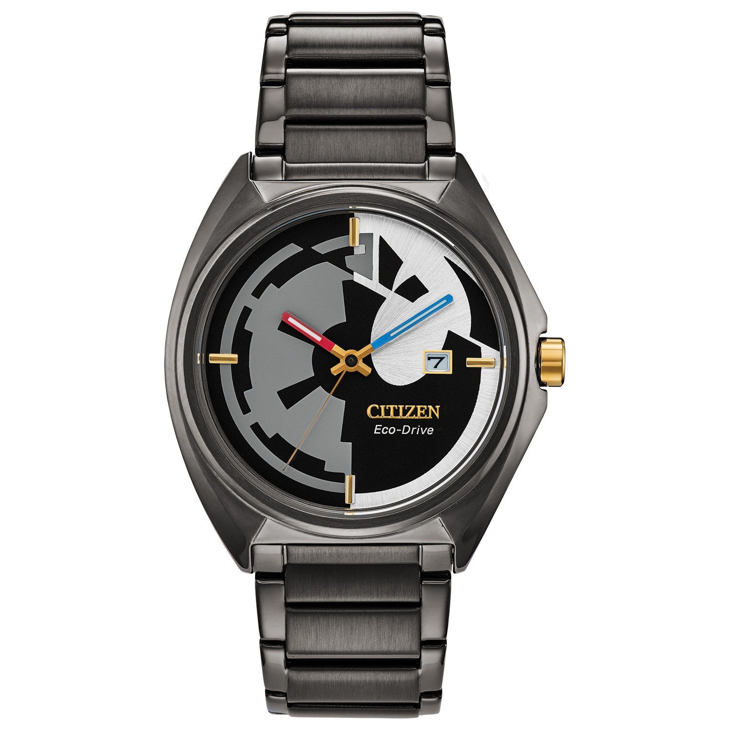 Citizen AW1578-51W Star Wars watch featuring a black dial split between the Imperial Crest and Rebel Alliance symbol, red and blue hands, and a dark gray ion-plated stainless steel bracelet—front view.​