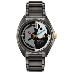 Citizen AW1578-51W Star Wars watch featuring a black dial split between the Imperial Crest and Rebel Alliance symbol, red and blue hands, and a dark gray ion-plated stainless steel bracelet—front view.​