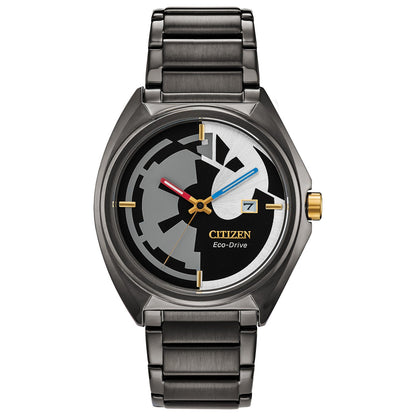 Citizen AW1578-51W Star Wars watch featuring a black dial split between the Imperial Crest and Rebel Alliance symbol, red and blue hands, and a dark gray ion-plated stainless steel bracelet—front view.​